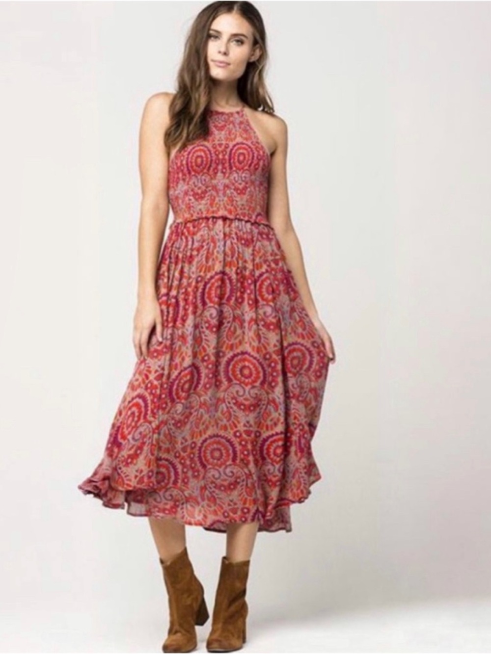 Free People Seasons in the Sun Smocked Slip Dress in Red Combo Women’s Size L